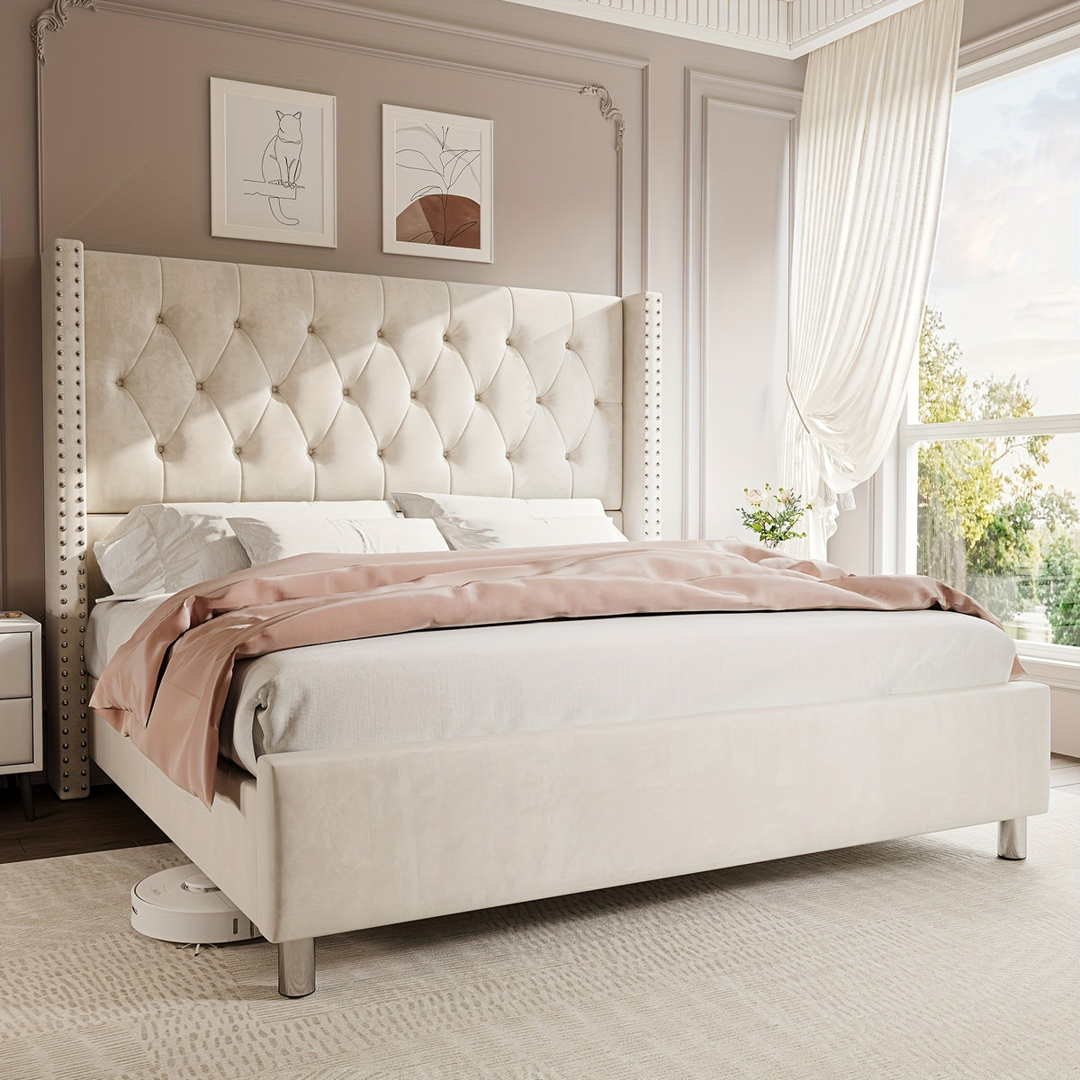 Papajet Velvet Upholstered Bed Frame with Wingback Headboard, No Box Spring Required