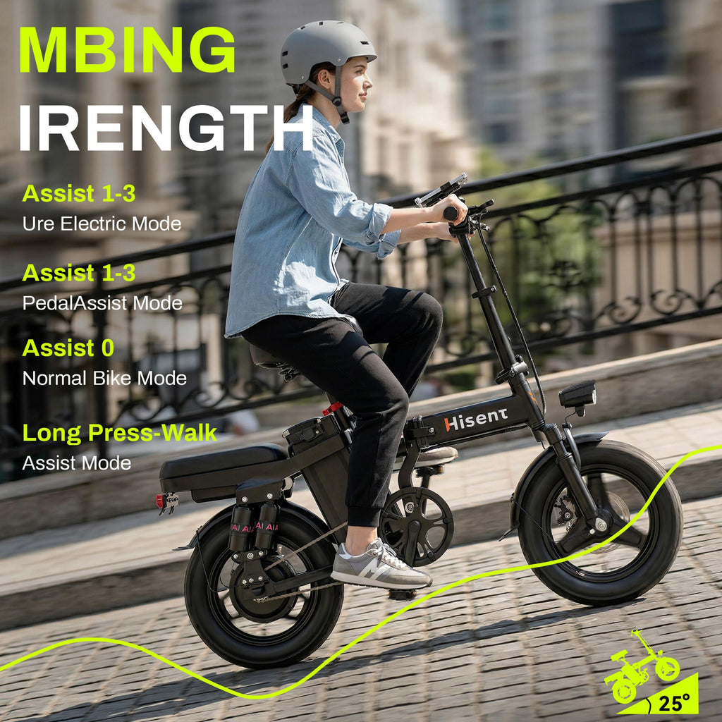 Hisent G11&F9 Folding Electric Bike | Dual Suspension System | Upgraded Frame | 12-35 Miles Range (Optional) | Features Dual Seat, LED Headlight, Disc Brakes, 14-Inch Tires, 500W High-Power Motor, Top Speed Of 19.9 Mph