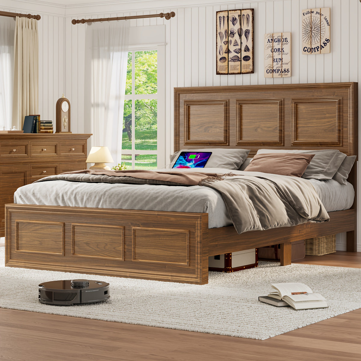 Platform Bed Frame with Headboard, Farmhouse Style, Height Adjustable, Brown and White