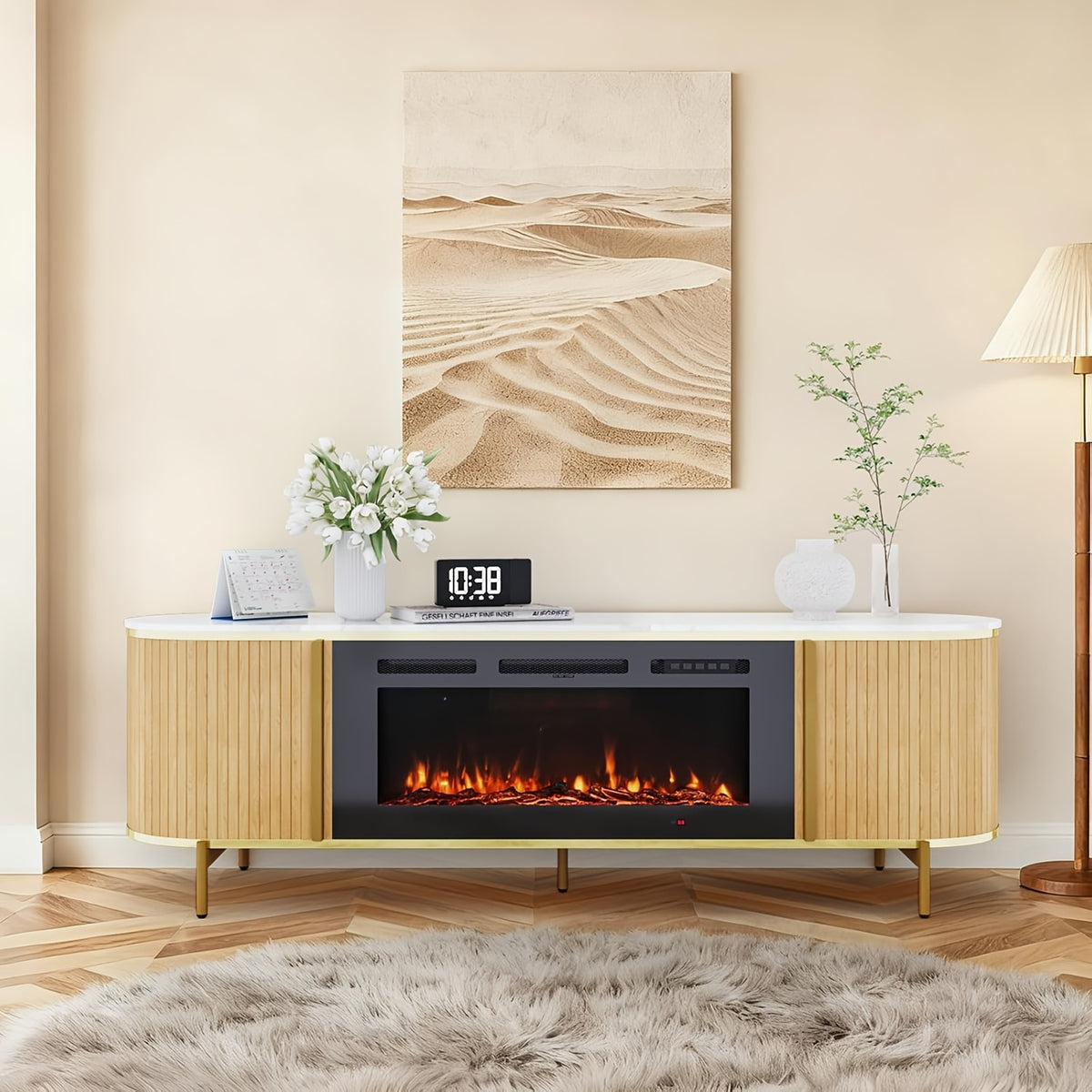 Luxury 70" Fluted Fireplace TV Stand, Modern Chic Entertainment Center for TVs Up to 80 Inches, TV Console with Faux Marble Top, Curved Profile Design, Media Console for Living Room