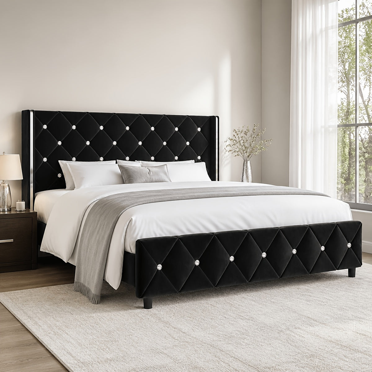 Twin Full Queen King Size Bed Frame, Upholstered Bed Frame with Diamond Tufted Headboard, Modern Silvery Side Wing Back, No Box Spring Needed, Easy Assembly, Purple, Black, Blue, Green, Pink, White