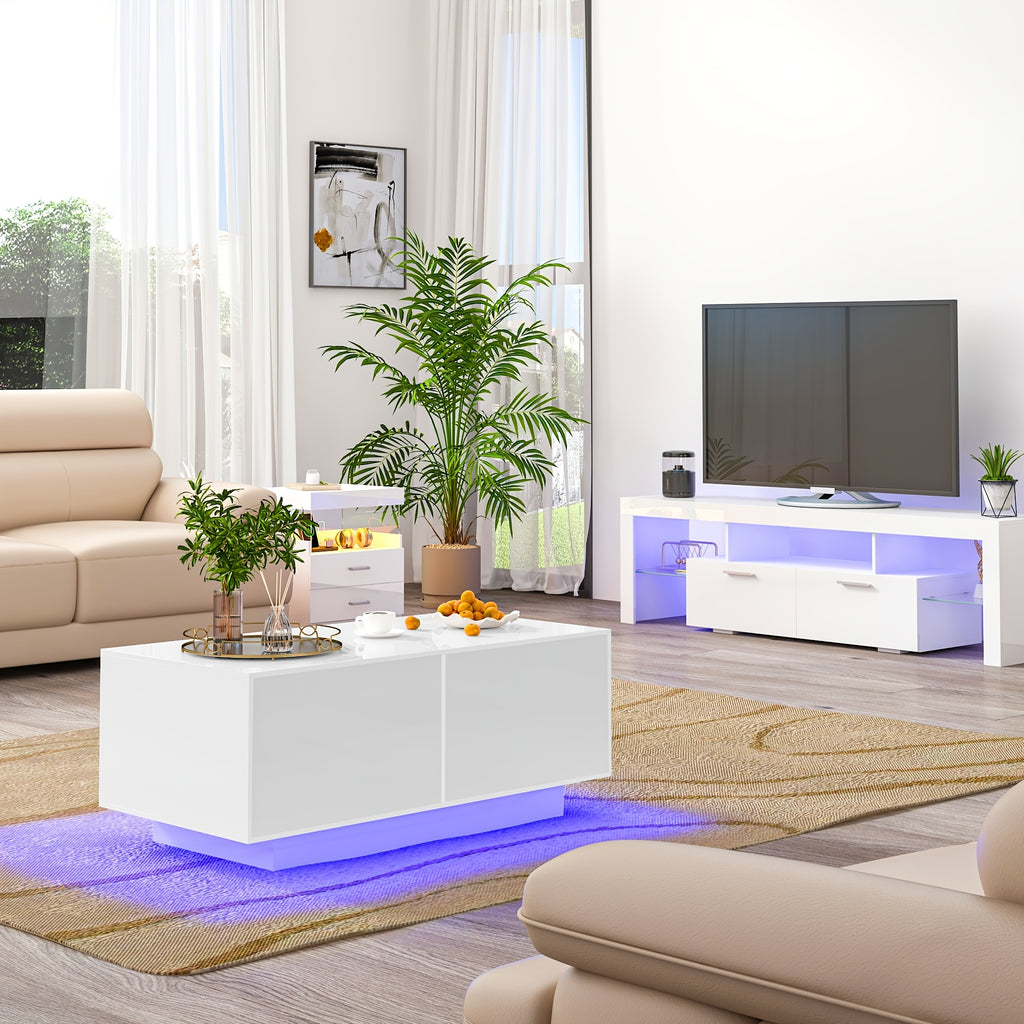 High Glossy LED Coffee Table, Modern Coffee Tables with Open Display Shelf And Sliding 2 Drawers, Rectangular Coffee Table with LED Lights for Living Room, Dining Room, White/Black