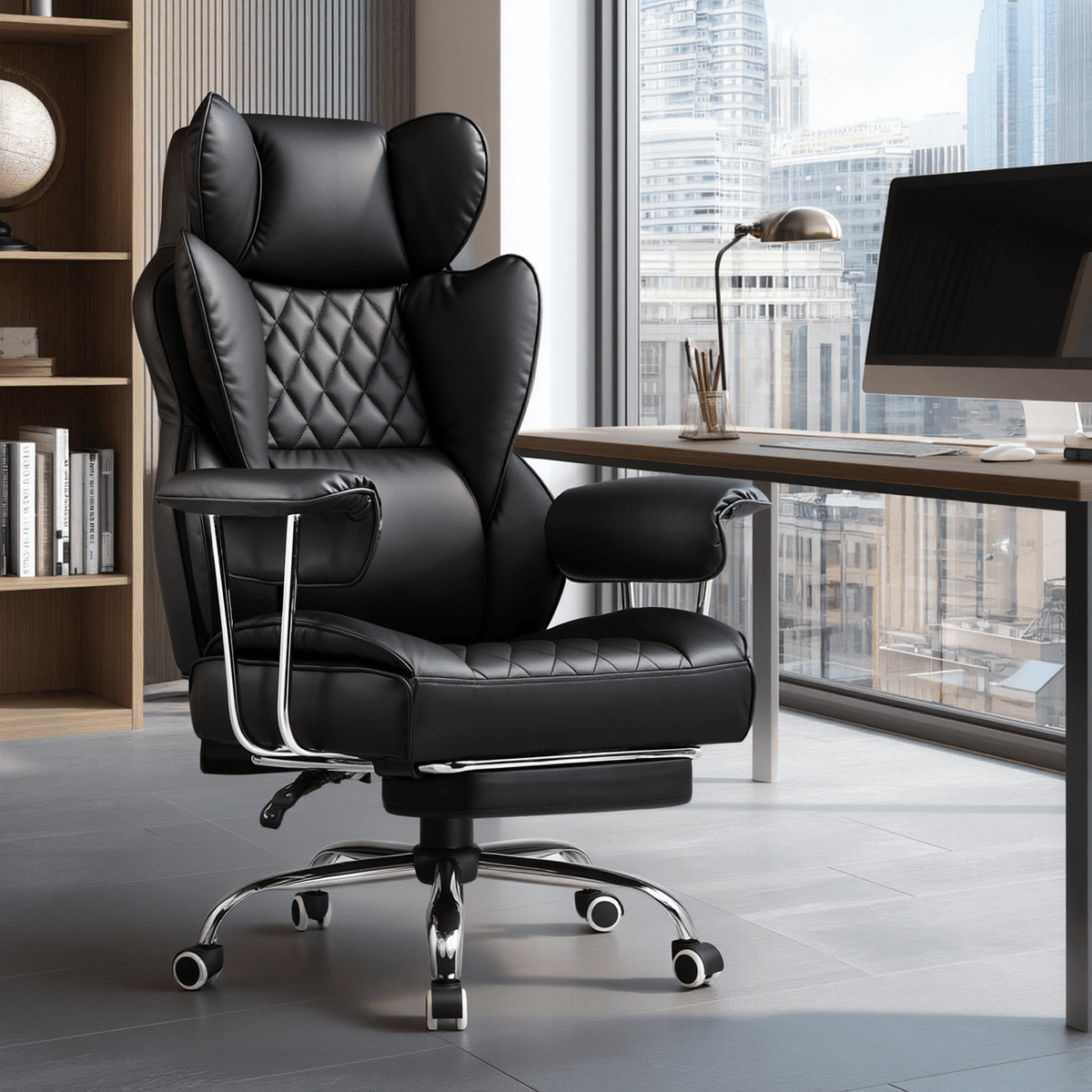 Executive Office Chair for Heavy People, Gaming Chair, Ergonomic Wide Desk Computer Chair with Pocket Spring Lumbar Support, Footrest, Outward Fixed Soft Armrests, High Back PU Leather, Height Adjustable, Big and Tall