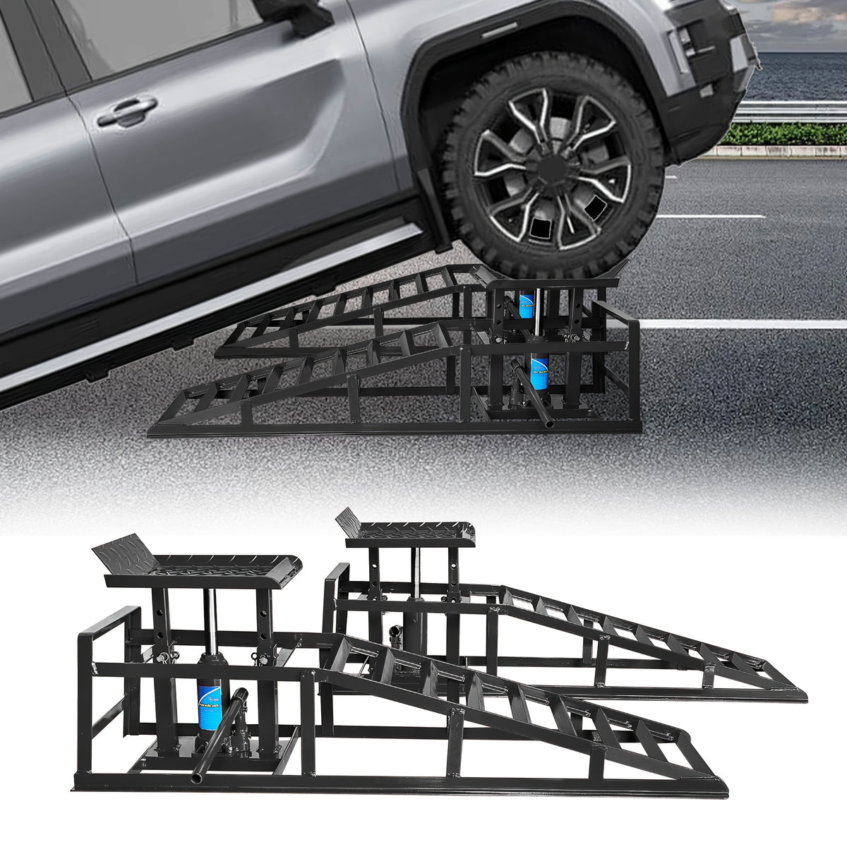 Car Ramps, 2pcs Hydraulic High-lift Service Vehicle Ramps, 5T (11050 Lbs), Car And Truck Wheel Ramps for Oil Change, with Supporting Crane, Suitable for DIY Shops And Car Beauty Shops