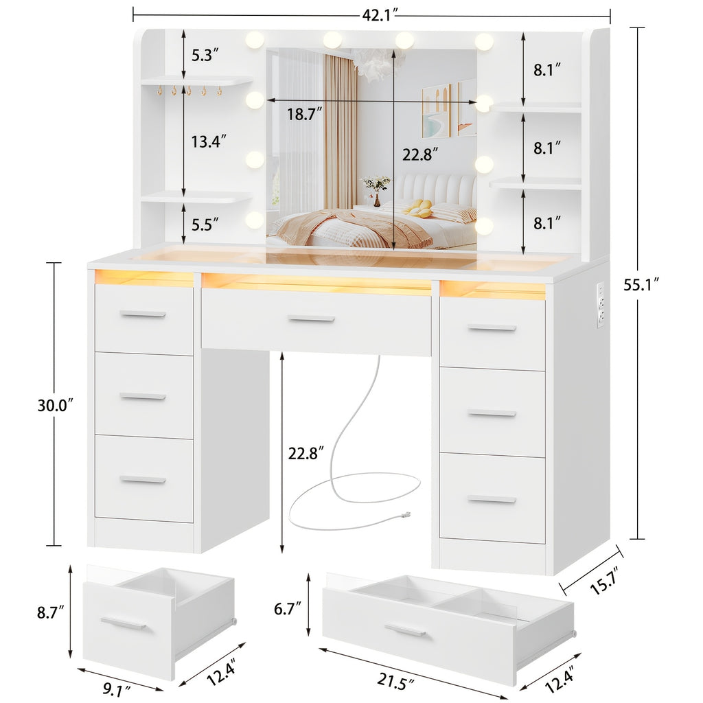 Makeup Vanity Table with LED Lighted Mirror, Power Outlet, 7 Drawers, 4 Shelves, 5 Jewelry Hooks