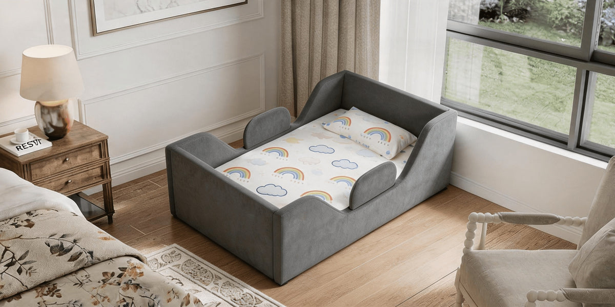 Toddler Floor Bed with Removable Safety Rails And Storage Bag, Kids Bed for Girls And Boys, Standard Crib Size, Safety Upholstered Beds, Low to Floor Design