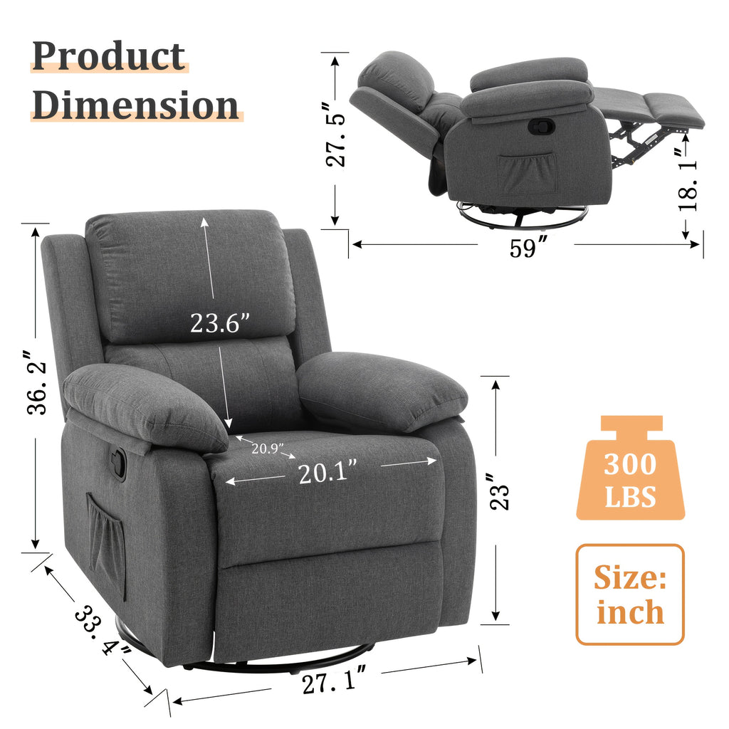 Recliner Chair, 360-Degree Swivel Rocking Chair for Adults, Small Space Rocking Recliner, Upholstered Fabric Recliner with Side Pockets for Living Room, Mother'S Day Gifts, Father'S Day Gifts, Gifts for The Elderly