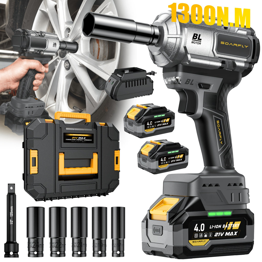 Wireless Impact Wrench, 1300 Nm High-Torque Powerful Wrench 1/2 Impact Gun, 2 4.0Ah Batteries with 21V Max Fast Charging, 5 Sockets, Suitable for Semi-Trailer Tires, Heavy Machinery, Steel Structures
