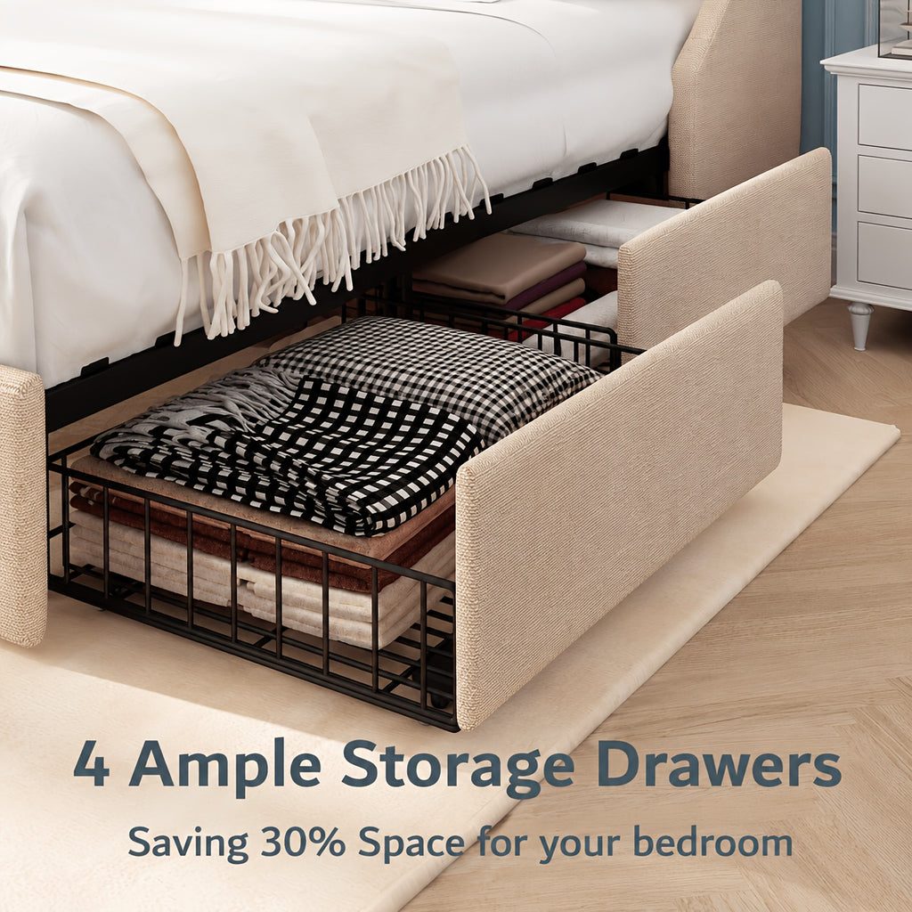 Bed Frame with Charging Station, Linen Fabric Storage Headboard, Storage Drawers on Both Sides, Solid Wood Slats Support