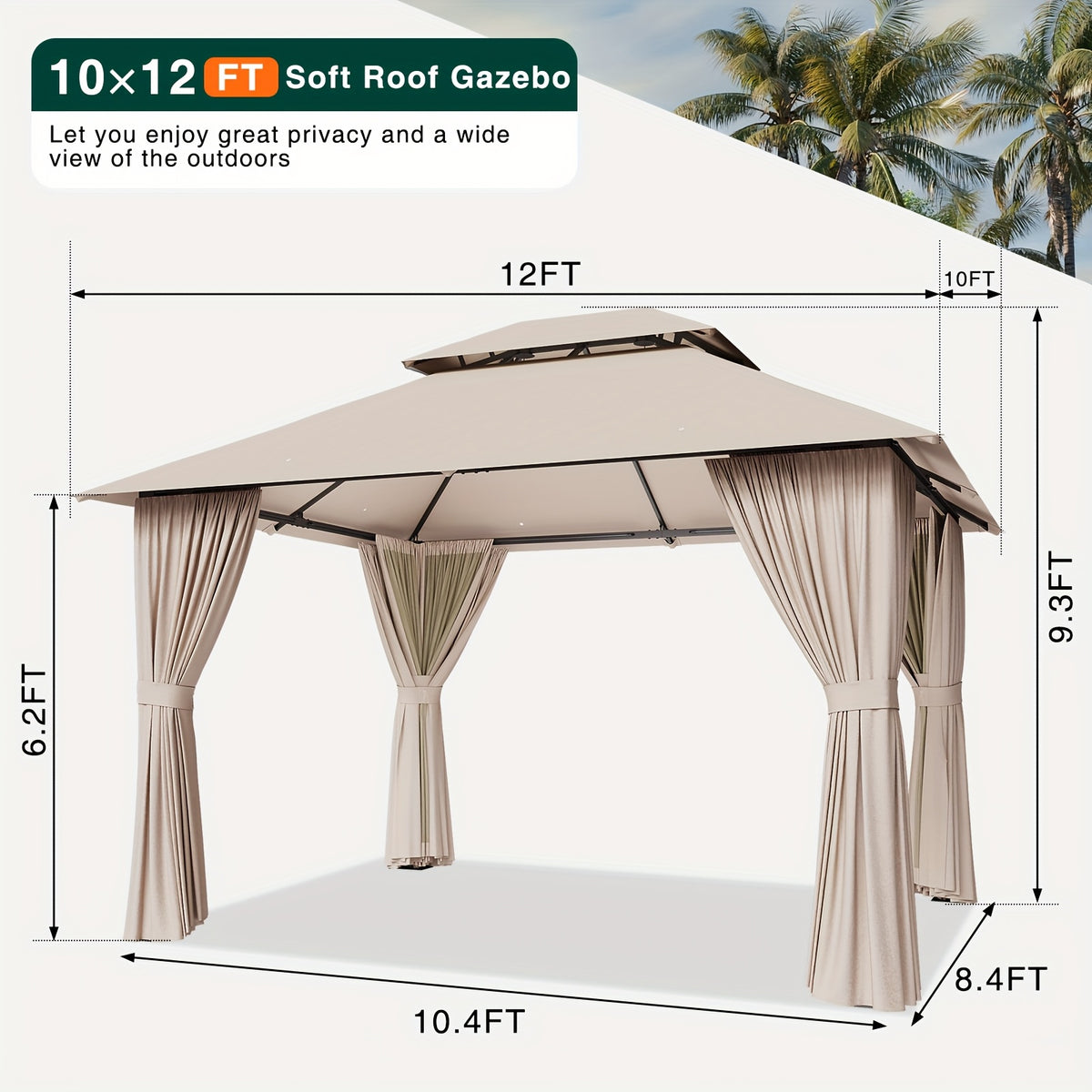 10'X12' Outdoor Double Ventilated Gazebo & Pergola On, Heavy Metal Frame Double Roof, Party Tent with Mosquito Net And Privacy Screen, Suitable for Backyard, Lawn, Garden, Deck (Grey/Beige/Blue 10'X12'/10'X10/8'X8')