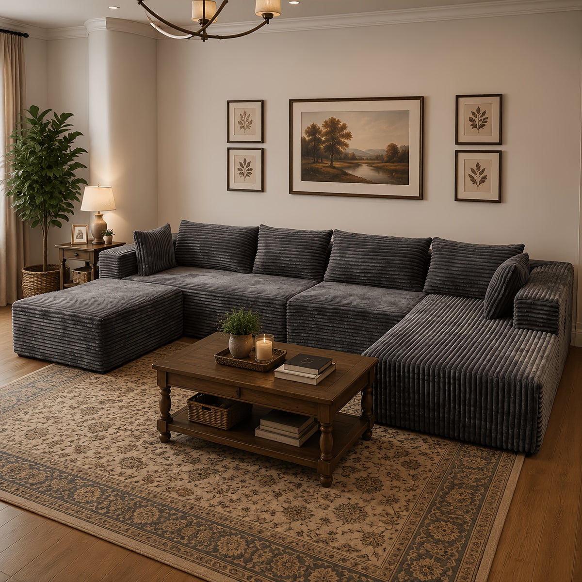 Oversized Cloud Boneless Sofa Couch with Lounge Chaise, Boneless Couch Bed, Modern Corduroy U/L Shaped Modular Cloud Sofa, Minimalist Modular Sectional Sofa with Deep Seat, Comfy Couch for Living Room, No Assembly Required