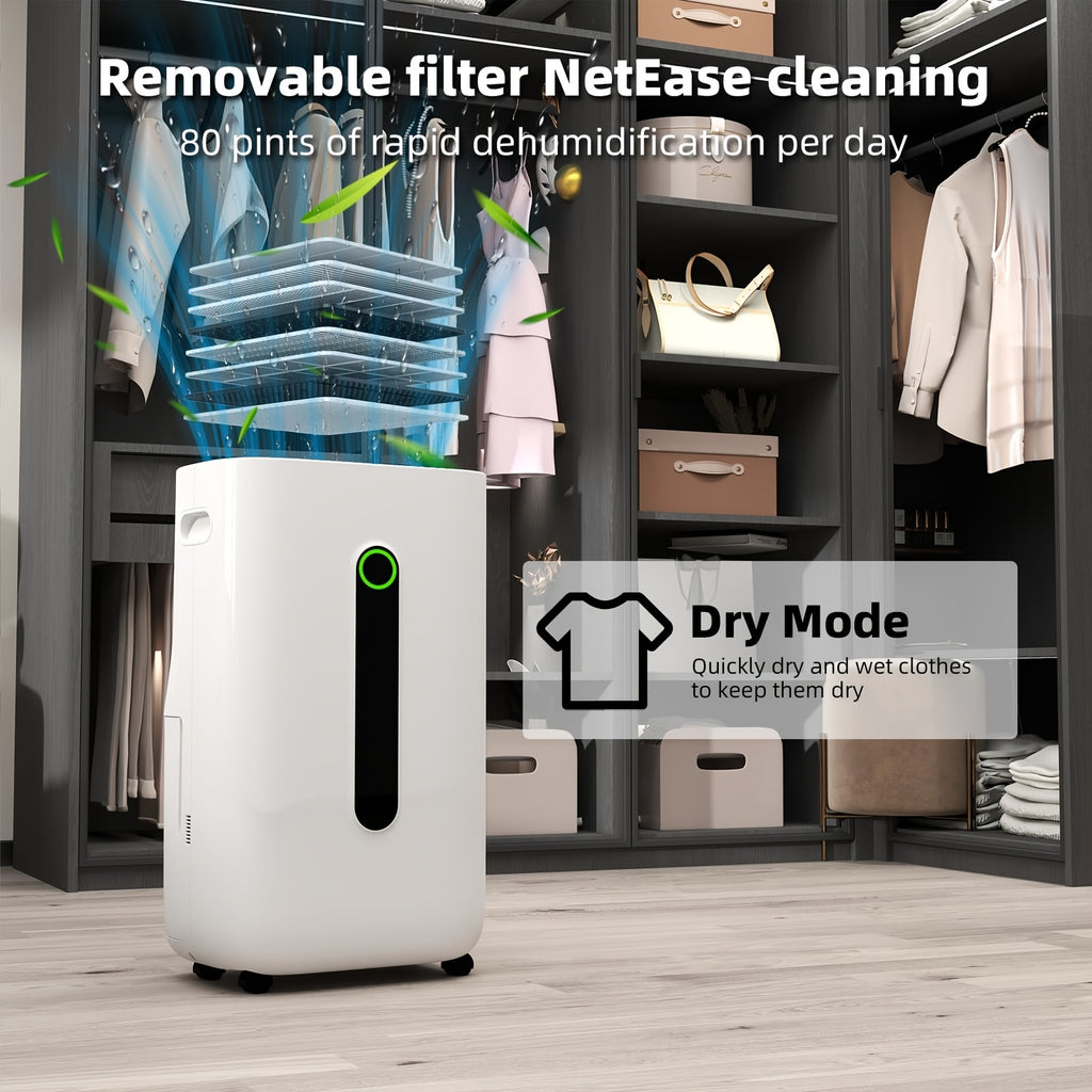 80 Pint Dehumidifier, Whole-Home Coverage with One-Touch Operation, 45dB Ultra Quiet - 3-Speed Fan, Auto-Regulates Humidity, 1.7Gallon Water Tank, Full-Tank Alert, Bedroom, Bathroom