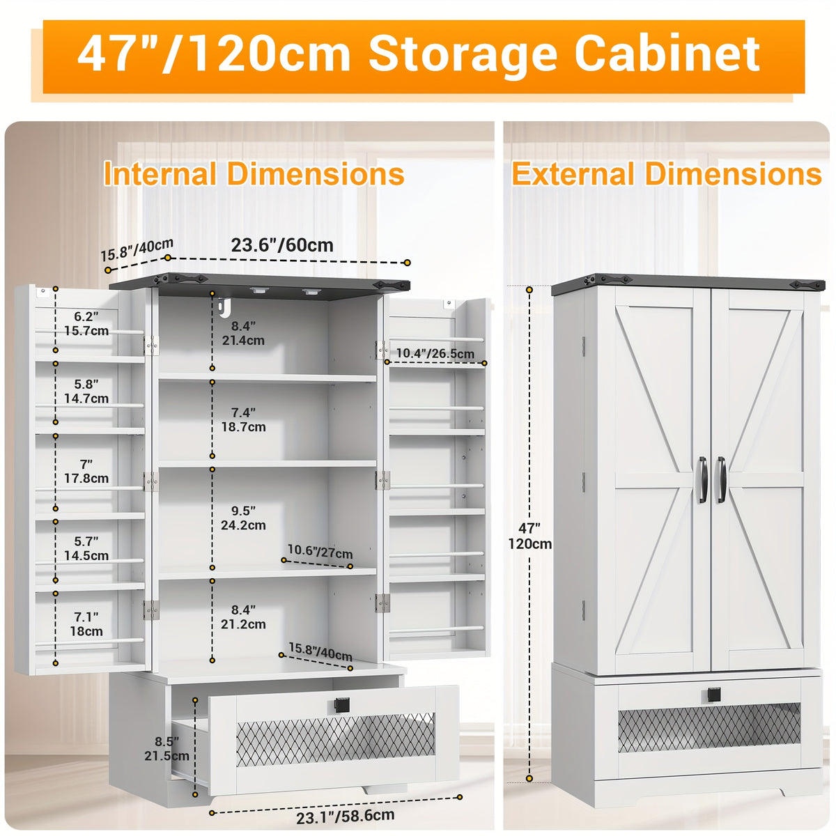 Multifunctional Storage Cabinet 47Inch Kitchen Pantry Cabinet with Drawer, Pantry Storage Cabinet with Adjustable Shelves, White Kitchen Pantry Storage Cabinet, Buffet Cupboards Sideboard