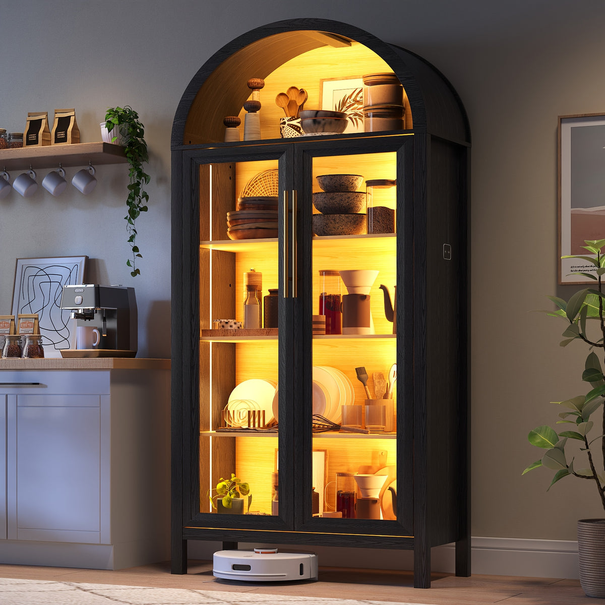 HWB Display Curio Cabinet with Glass Doors, Arched Bookcase 5-Tier Tall Storage Cabinet for Collectibles, Display Case with 3 Color Lights, Human Sensor Design, Black And Brown