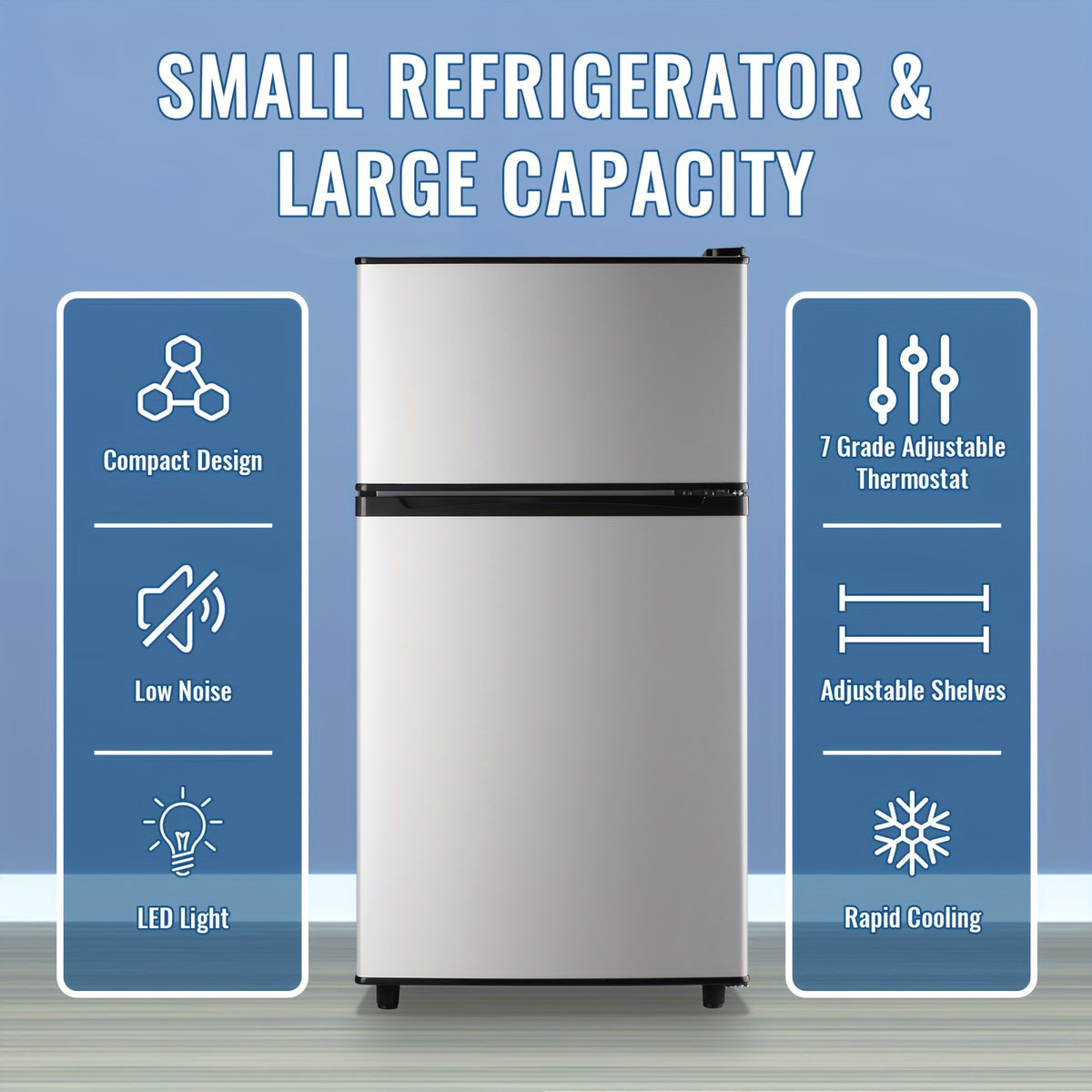 5.0/3.5/2.5 Cu.ft Small Fridge with Freezer 2-Door Compact Refrigerator 7-Level Adjustable Thermostat, Removable Shelves and Bakset, Perfect for Dorm, Office, RV, Bedroom, Silvery