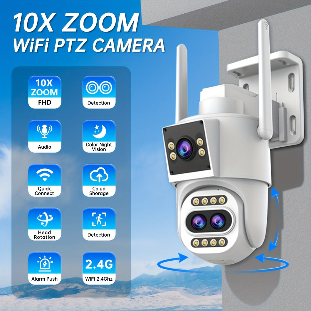 Full HD Wifi Security Camera, 10X Optical Zoom, PTZ with 3 Lenses, IPX6, App Control, Color Night Vision, Two-Way Audio, Motion Detection And Automatic Tracking, Home Security Sound Alarm, Remote Monitoring/ Smart Security Equipment