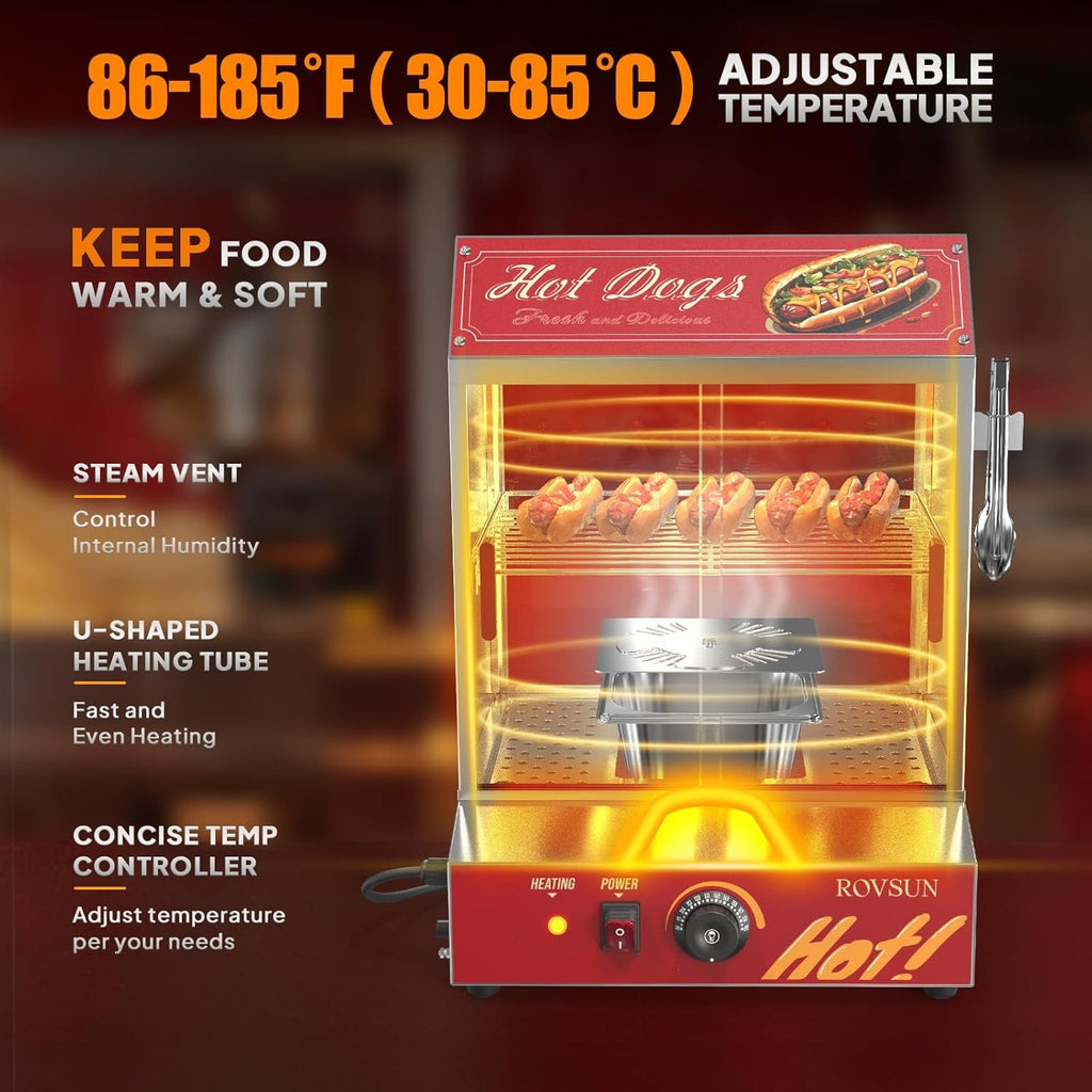 31.7QT/30L Hot Dog Steamer, Hut Steamer Hot Dog Steamer with Bun Warmer Cooker 175 Hot Dogs & 40 Buns Capacity with Removable Shelves Food Clip for Party Event Concession Stand 2-Tier