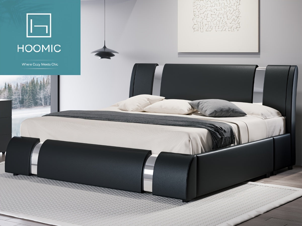 HOOMIC Contemporary Imitation Leather Bed Structure Featuring Metal Accents, Low-Set Platform Bed with Adjustable Headboard, Sturdy Wooden Slat Support, No Box Spring Required