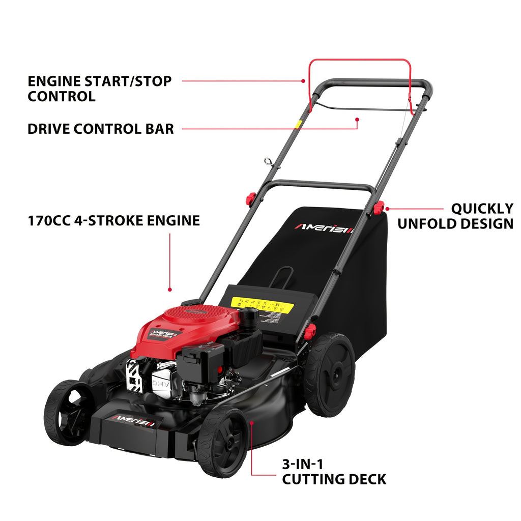 21" Self-Propelled Gas Lawn Mower with 165cc 4-Stroke Engine, RWD Gas Powered Mower for Large Yards & Hills, 3-in-1 Mulching/Bagging/Side Discharge, 6 Adjustable Heights