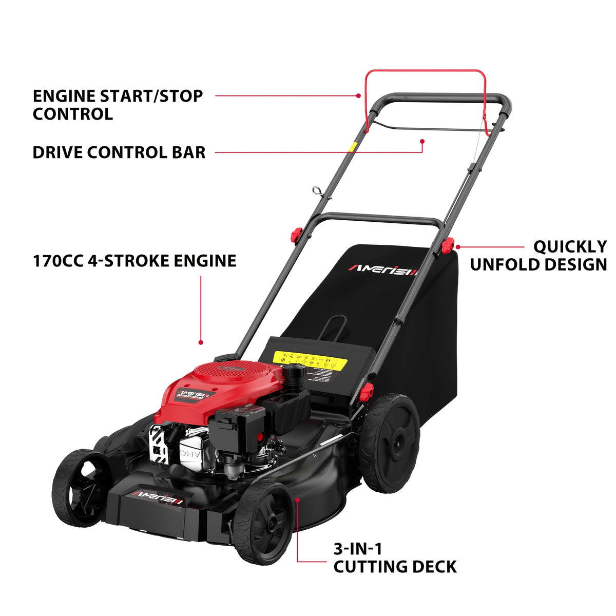 21" Self-Propelled Gas Lawn Mower with 165cc 4-Stroke Engine, RWD Gas Powered Mower for Large Yards & Hills, 3-in-1 Mulching/Bagging/Side Discharge, 6 Adjustable Heights