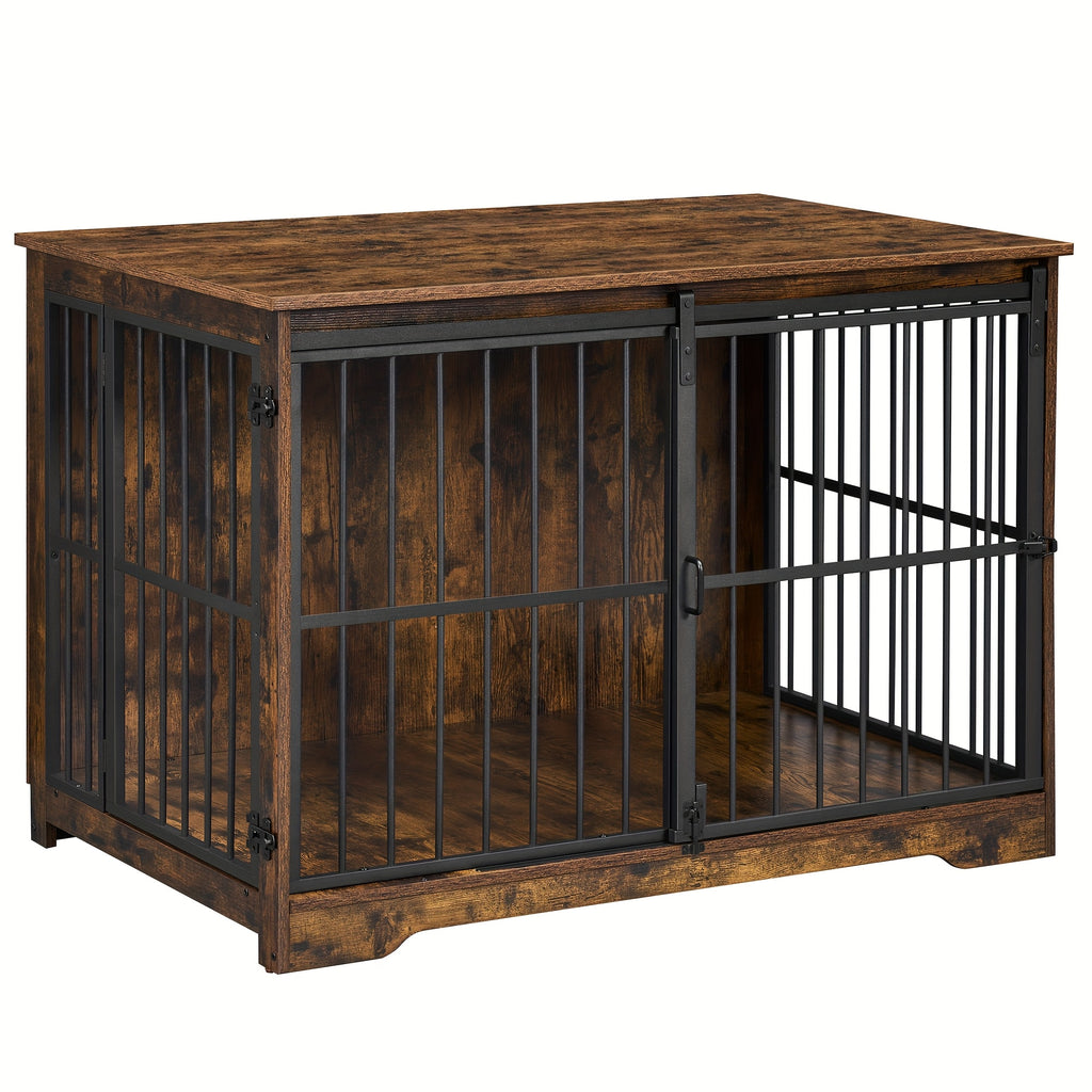XL Large Dog Crate Furniture, 44.1" Indoor Dog Kennel Furniture with Barn Door, Wooden Tall Dog Crate, Heavy Duty Dog Cage for Large Dogs, Side End Table, Anti-Chew, Rustic Brown, Black, Greige Black, White Brown