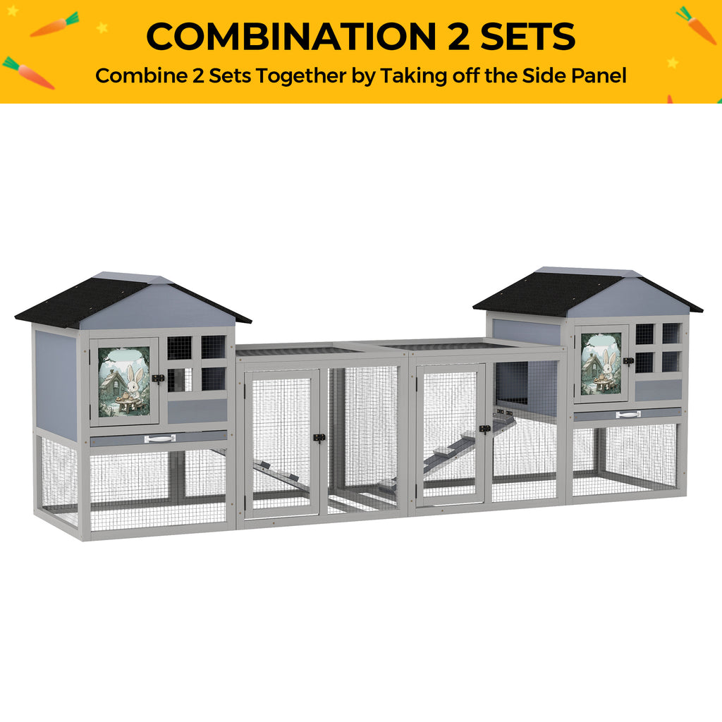 2-Tier Wood Rabbit Hutch, Indoor Outdoor Small Animal House with Removable Tray, Ramp, Openable Roof, Bunny Cage, Grey/Orange with Colorful Patterns