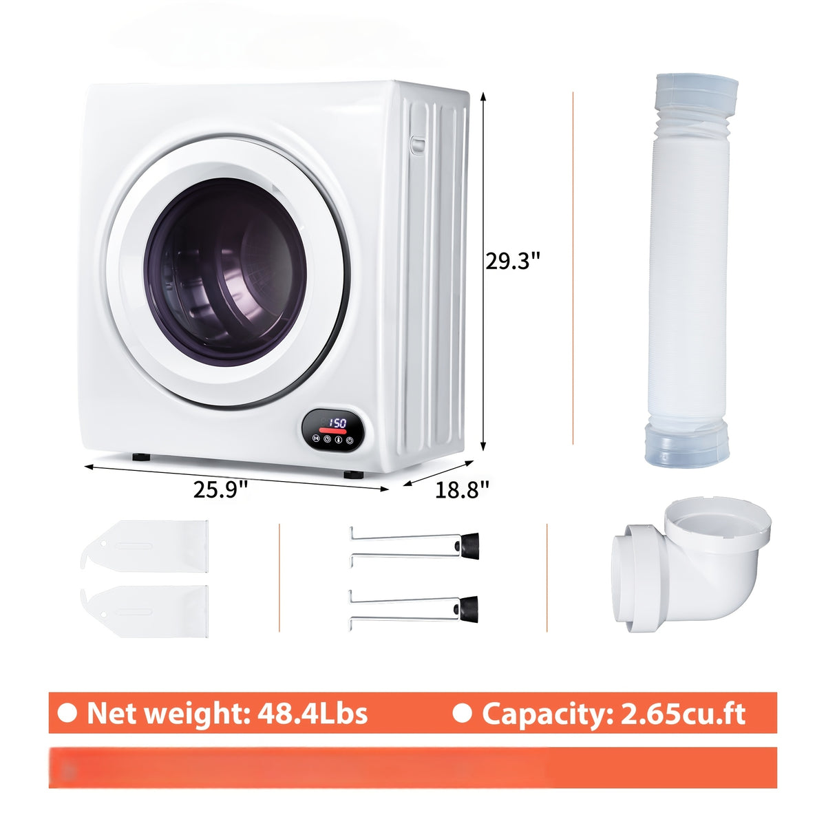 850W Compact Portable Clothes Dryer, 110V, 1.5/1.6/1.85/2.65Cu.ft Front Load with Stainless Steel Tub, Electric Laundry Drying Machine, Easy to Control, Perfect for Apartments, RVs, Dorms, In White.