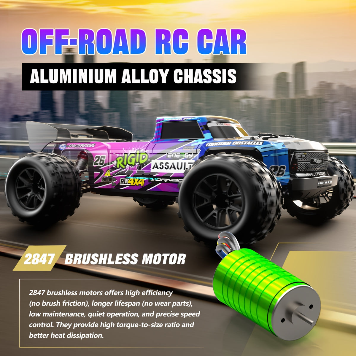 Flypear 4WD Brushless RC Car, 60+KM/H All Terrain High-Speed Off-Road Truck, Aluminum Alloy Chassis, 2.4Ghz Remote Control, Supports Vehicles Racing Together, Three-Wire 17G Digital Servo, LED Lights