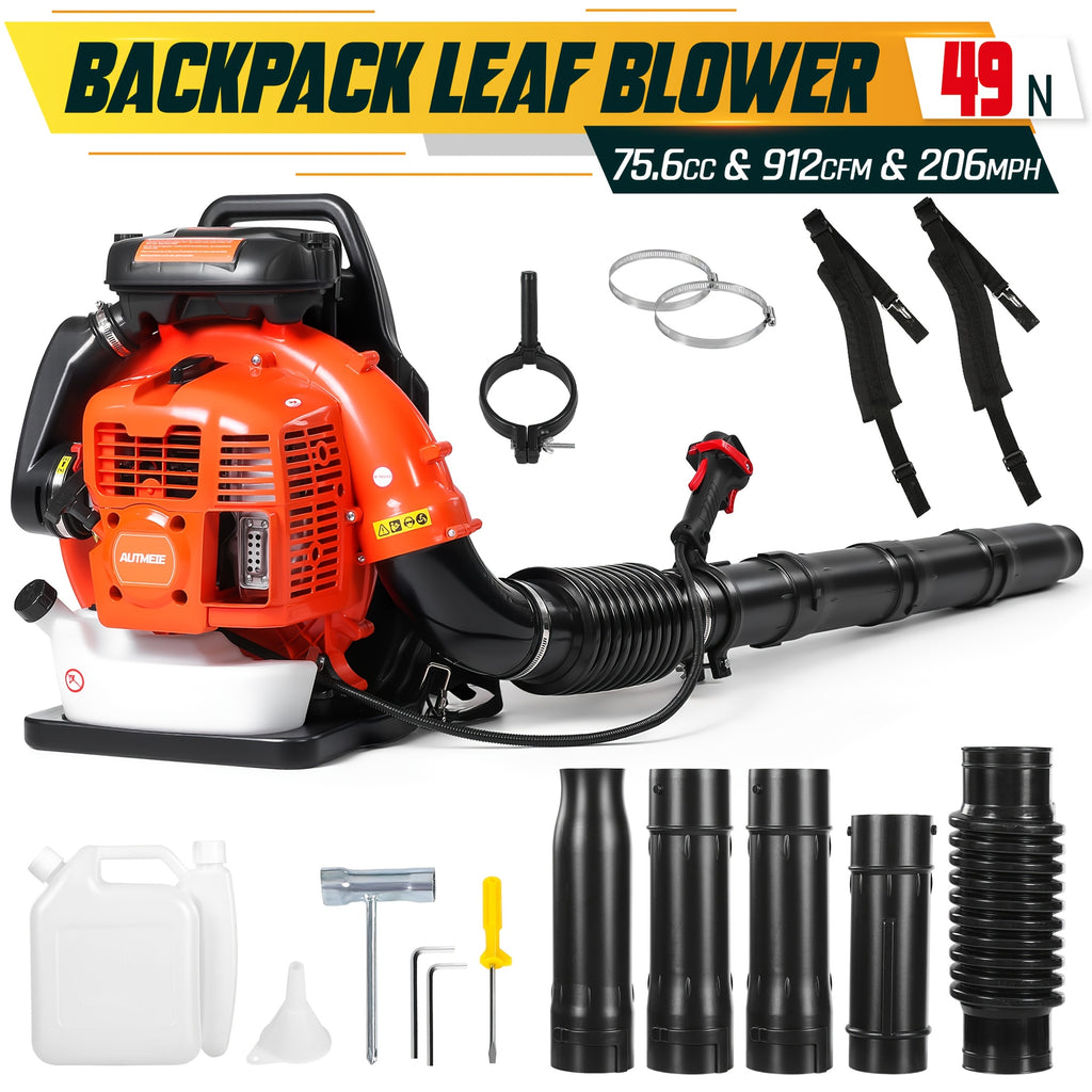 75.6Cc Gas Backpack Leaf Blower 912 CFM 206 MPH 49N, 6.0 HP 2-Cycle Backpack Blowers Gas Powered with Low Vibration, Ergonomic Design, Cruise Control, Commercial-Grade Gas Leaf Blower for Garden Lawn Yard Cleaning, Snow Removal, Gifts for Dad