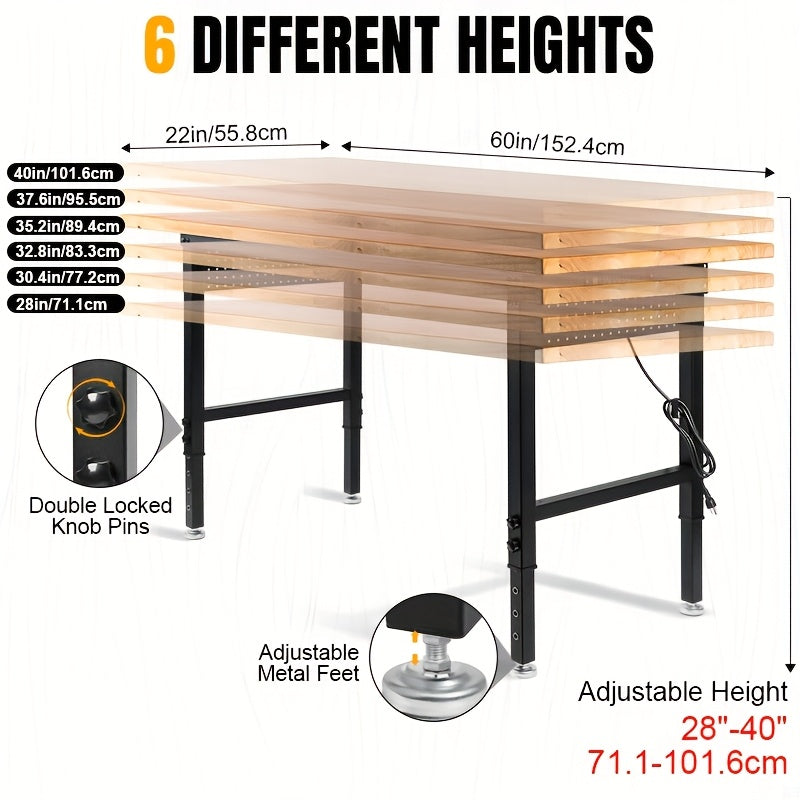 MUWOOD 48" 60" 96" Adjustable Workbench with Power Outlet, Heavy Duty Garage Table, 2000/5000 LBS Load, Pegboard & Thick Rubber Wood Top, Height Adjustable 28"-40" for Workshop, Home, Office