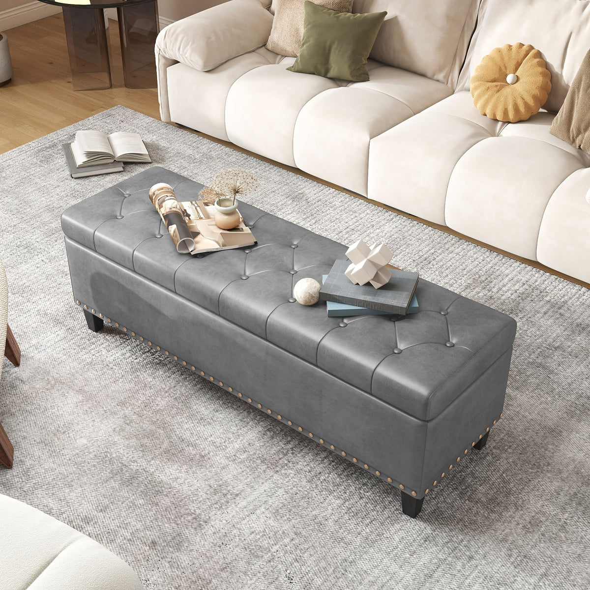 51-Inch Storage Ottoman Bench, Upholstered End of Bed Ottoman Bench with Storage and Seating, Large Faux Leather Bench for Foot Rest in Bedroom, Living Room, Entryway, Hallway