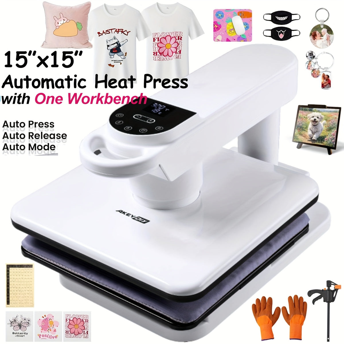 15X15" Car Heat Press Machine for T-Shirts, Large Digital Control Heat Transfer Machine for T-Shirts, 360° Swing Away Heat Press with Auto Release, Fast