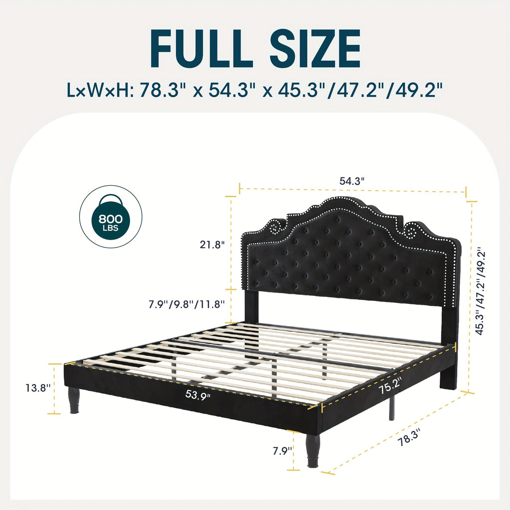 WEEWAY Full/Queen/King Bed Frame with Velvet Adjustable Tiara Curved Headboard And High Resilience, Upholstered Diamond Button Tufted Platform Bed with Wood Slats/No Box Spring Needed/Noise Free/Black/Dark Grey
