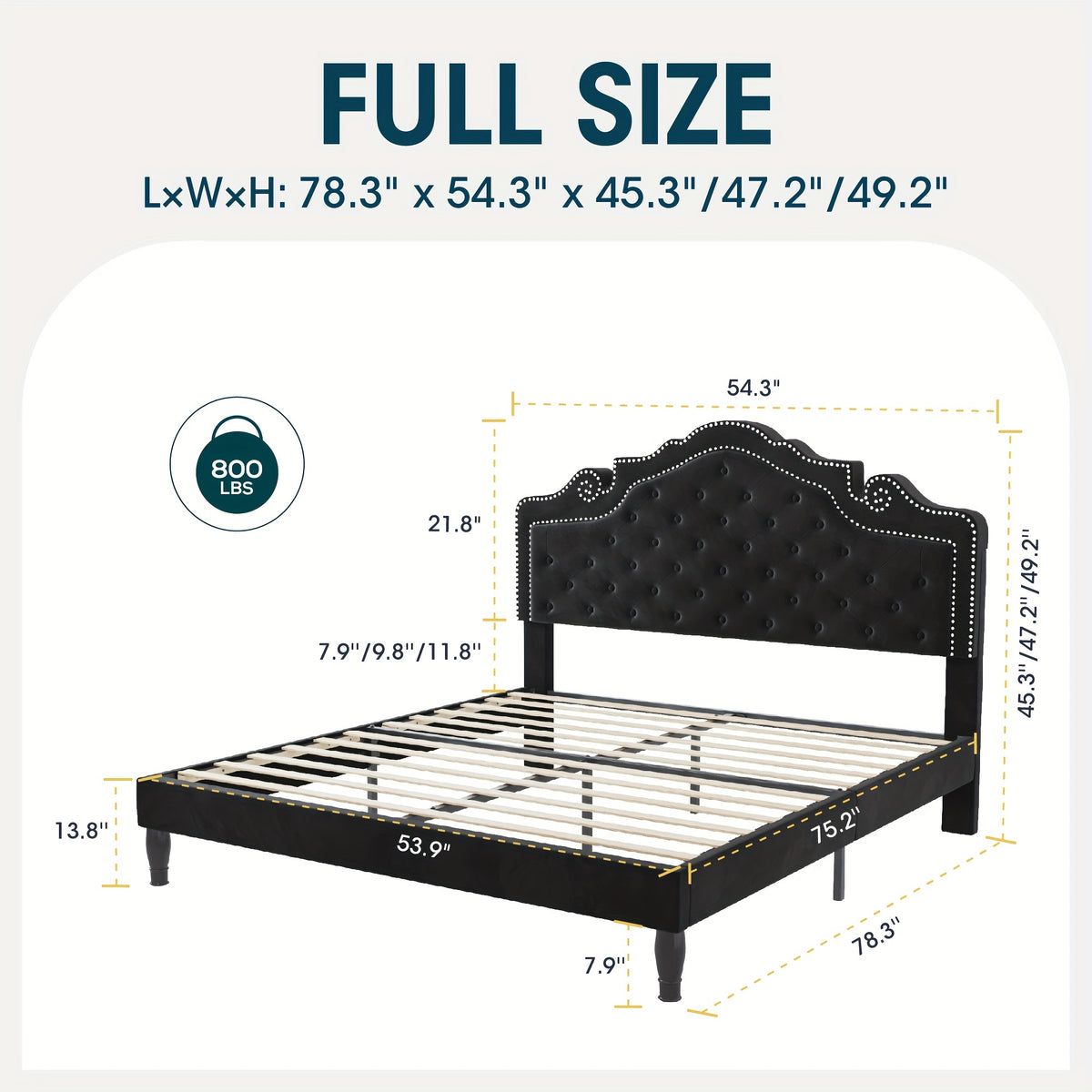 WEEWAY Full/Queen/King Bed Frame with Velvet Adjustable Tiara Curved Headboard And High Resilience, Upholstered Diamond Button Tufted Platform Bed with Wood Slats/No Box Spring Needed/Noise Free/Black/Dark Grey