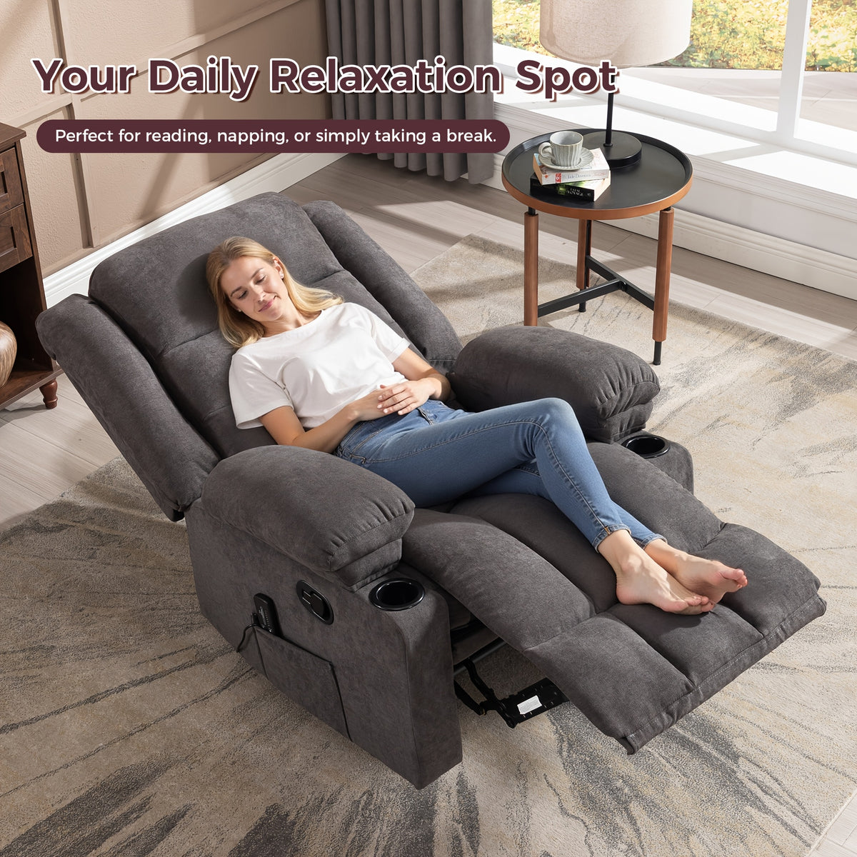 Manual Recliner Chair with Massage And Heat Ergonomic Overstuffed Breathable Fabric Reclining Chair with 2 Side Pockets, 2 Cup Holders, Remote Control, for Game & Recreation Room Furniture