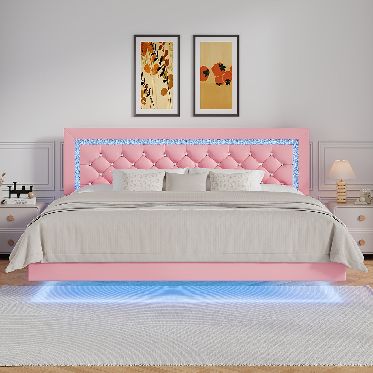 Twin Full Queen King Size Floating Black/White/Pink Bed Frame with LED Lights, Platform Bed with Diamond Tufted Headboard, Wood Bed Frame, Bed Frame Queen Size No Box Spring Needed, Noise Free, Easy Assembly, Black/White/Pink