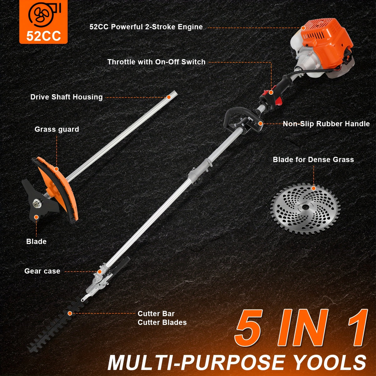 52cc 5-in-1 Gas Powered Weed Eater With Hedge Trimmer & Pole Saw, Multi-Attachment Brush Cutter, 2-Stroke Lightweight Trimming Machine For Yard Maintenance, 37.2 Pounds