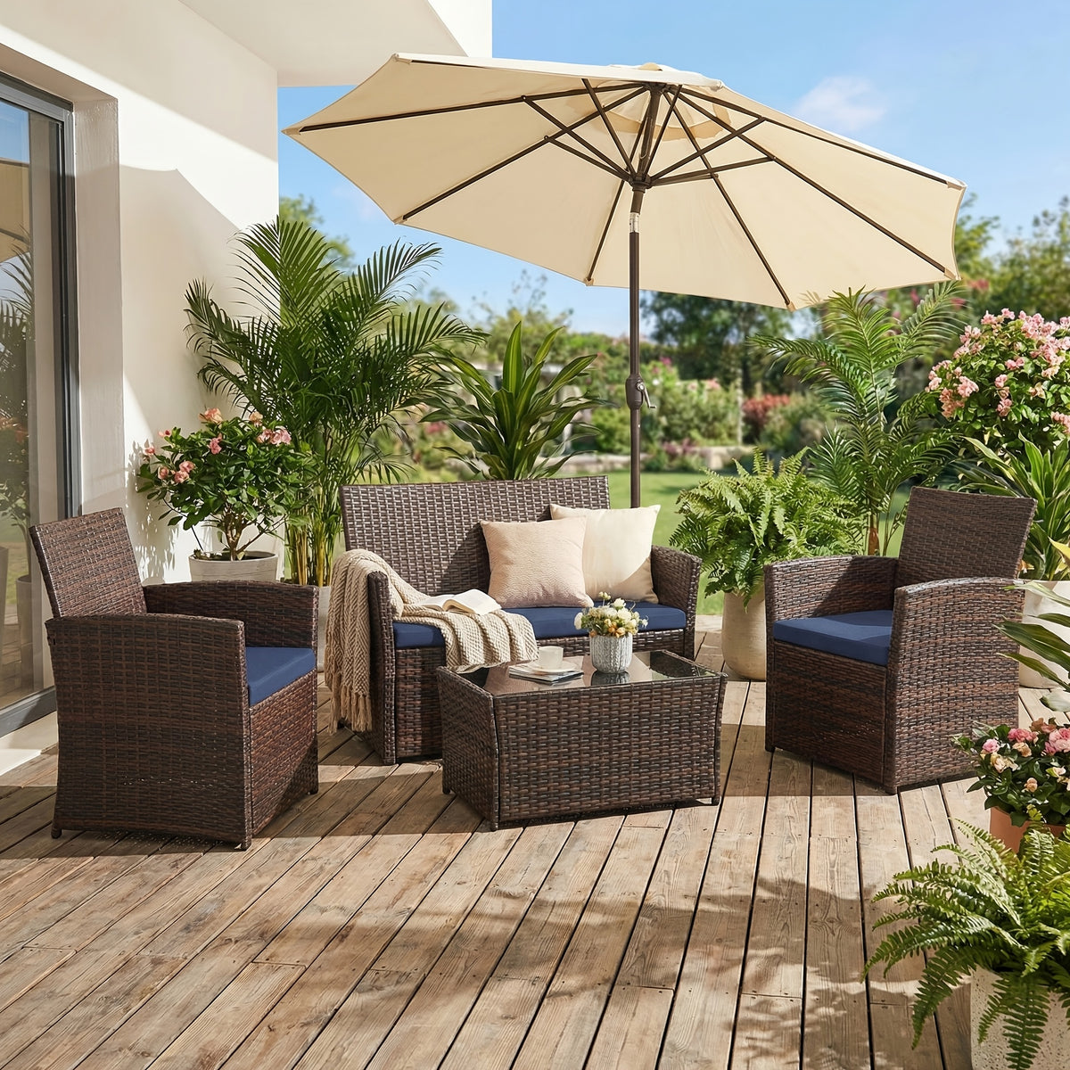 Outdoor Sectional Sofa Set with Tempered Glass Table — 4-Piece PE Wicker Patio Conversation Set