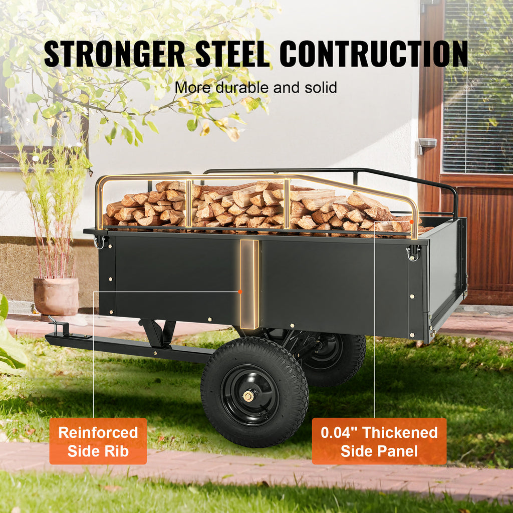 VEVOR Heavy Duty Steel ATV Dump Trailer, 750/1500-Pound Load Capacity 12/15 Cubic Feet, Tow Behind Dump Cart Garden Trailer, with Removable Sides and 2 Tires, for Mowers, Tractors, ATV, UTV