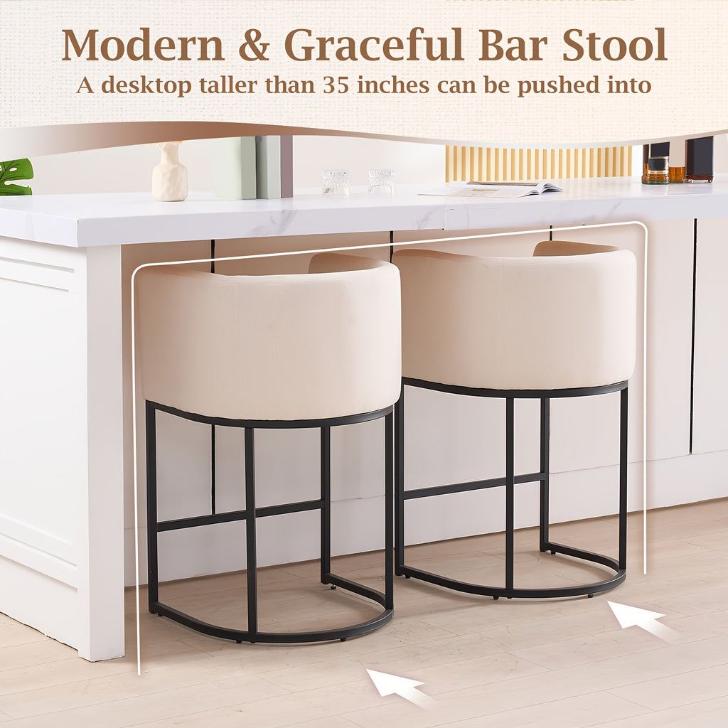 26-Inch Tall Modern Barrel-Shaped Beige Bar Stool - Bar Stool with Ergonomic Backrest And Armrests, Linen And PU Fabric Cushion And Sturdy Black Metal Frame, Suitable for Kitchen Islands, Breakfast Bars, And Home Decoration