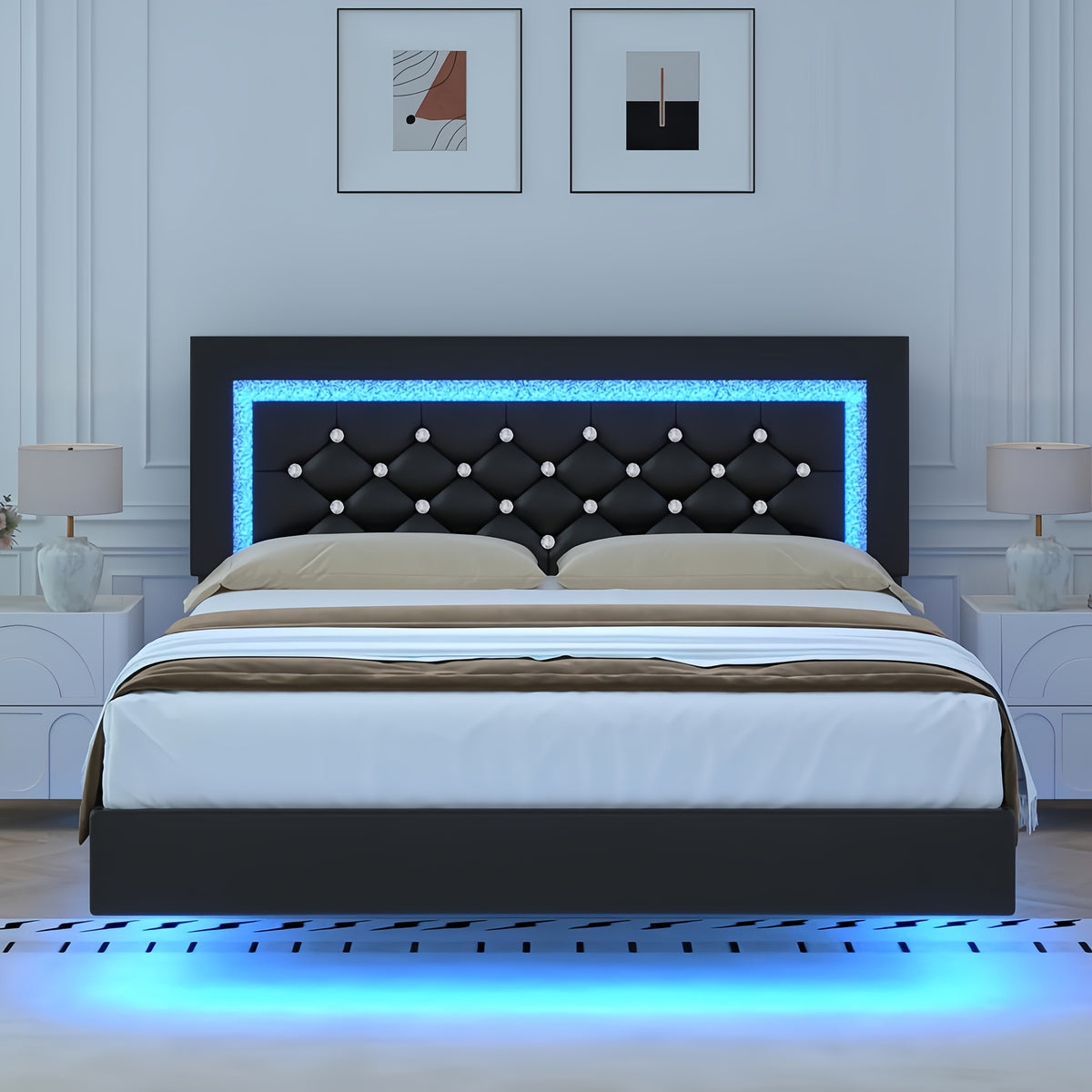 Twin Full Queen King Size Floating Bed Frame with LED Lights, Upholstered Platform Bed with Diamond Tufted Headboard, No Box Spring Needed, Noise Free, Easy Assembly, Black/Pink/White