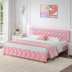 HOMBCK Twin Full Queen King Bed Frame, Padded Platform Bed with Button Tufting Headboard, Princess Platform Bed with Diamond Design, Halloween Decoration, Wooden Strip Support, No Spring Box Needed, Easy to Assemble, Pink/White/Black/Beige