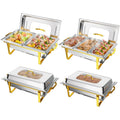 MEFEIR Chafing Dishes for Buffet 4 Pack, 9QT Chafing Dish with Multiple Food Pans Combo,Stainless Steel Buffet Servers and Warmers with Glass Lid & Folding Frame for Parties Weddings, Gold & Silver only for cooking