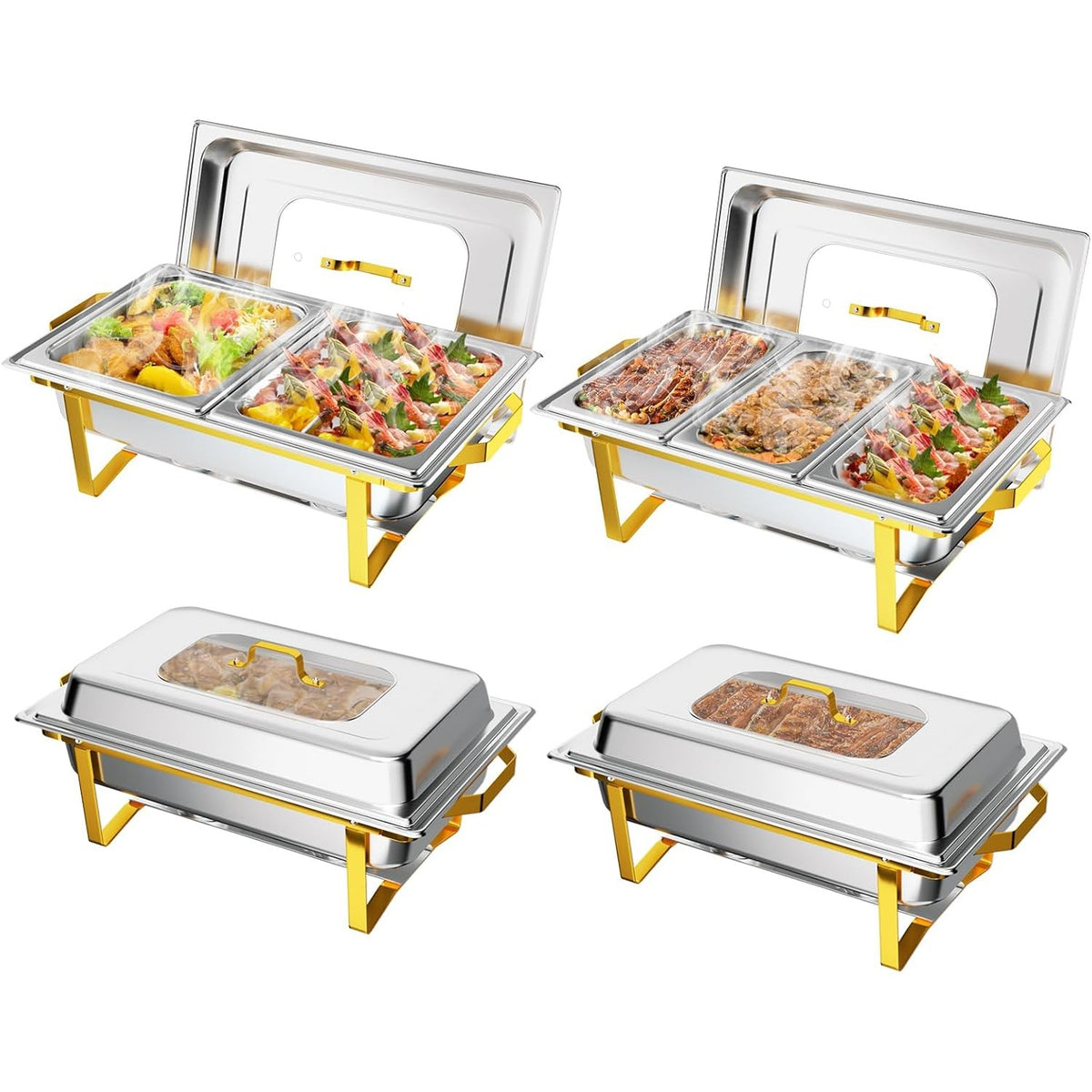 MEFEIR Chafing Dishes for Buffet 4 Pack, 9QT Chafing Dish with Multiple Food Pans Combo,Stainless Steel Buffet Servers and Warmers with Glass Lid & Folding Frame for Parties Weddings, Gold & Silver only for cooking