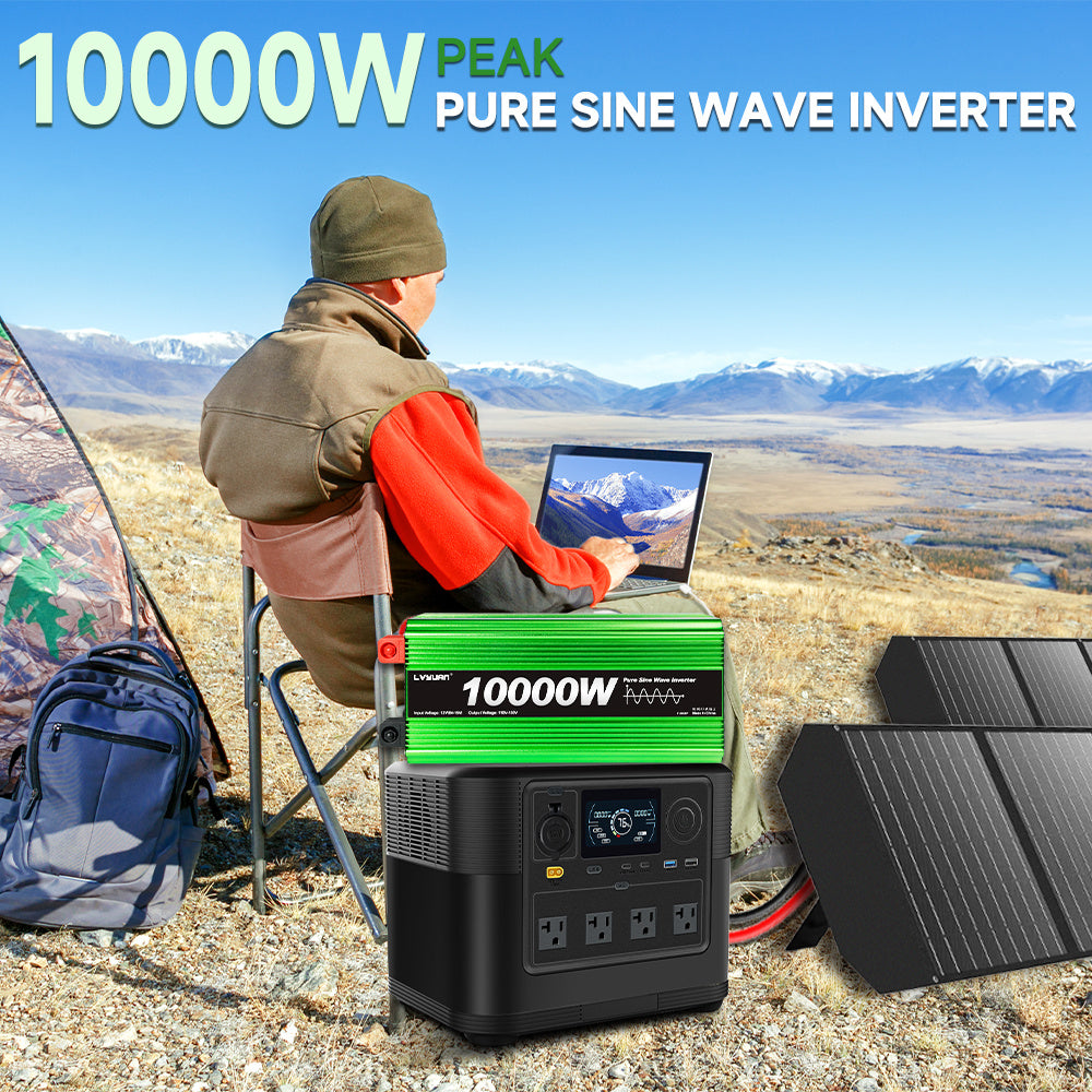 Pure Sine Wave Inverter 10000 Watt (Peak) Vehicle Power Inverter, Converts 12 Vdc to 110 Vdc to 120 Vdc, with LCD Display, Remote Control and Troubleshooting, 4 US Sockets for Car Onboard Chargers, for Home Solar Systems, RV's, and Vans, without Batteries