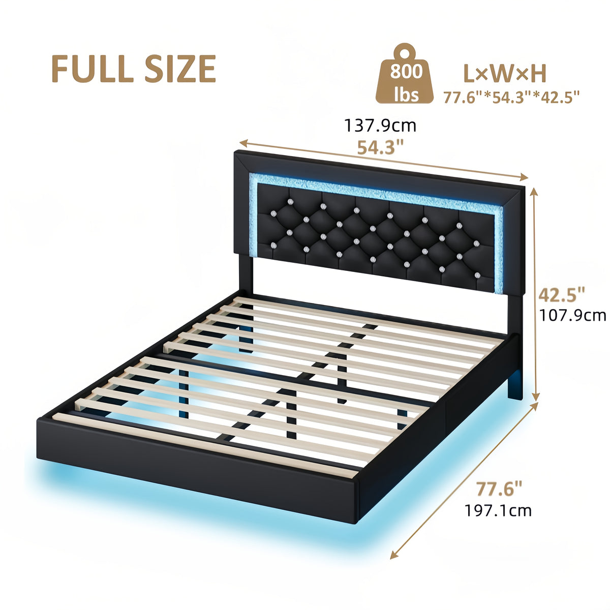 Twin Full Queen King Size Floating Bed Frame with LED Lights, Upholstered Platform Bed with Diamond Tufted Headboard, No Box Spring Needed, Noise Free, Easy Assembly, Black/Pink/White
