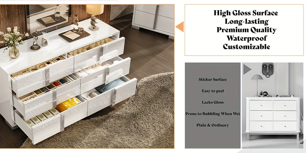 Modern 54" W High Gloss 6-Drawer Dresser with Silvery Handles, Spacious Storage Chest with Wide Top for Bedroom, Closet, Or Living Space