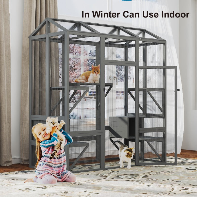 72 Inch Catio Outdoor Cat Enclosure, Large Cat House for Mulitiple Cats Walk in Cat Cage with Cover and Sunshine Panel Roof, Feral Cat Shelter with 7 Platforms and 2 Resting Box