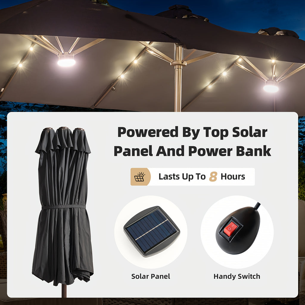 15-Foot Double-Sided Patio Umbrella (Base Included), Large Outdoor Market Table Umbrella, 36 Solar-Powered LED Lights, 12 Heavy-Duty Ribs for The Patio Umbrella, Automatic Solar Charging Providing 8 Hours of Illumination, Suitable for Terrace, Deck