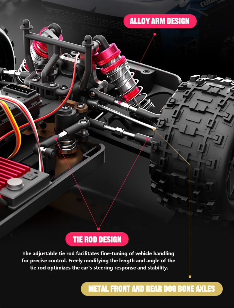 Flypear 4WD Brushless RC Car, 60+KM/H All Terrain High-Speed Off-Road Truck, Aluminum Alloy Chassis, 2.4Ghz Remote Control, Supports Vehicles Racing Together, Three-Wire 17G Digital Servo, LED Lights